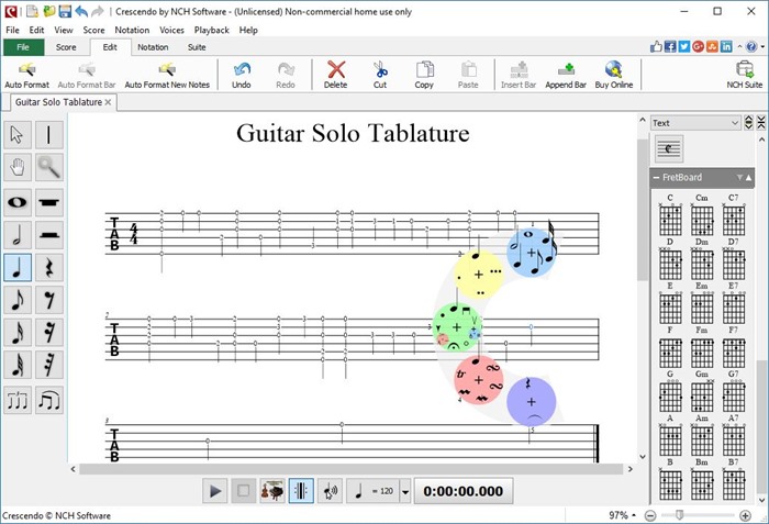 Crescendo Music Notation Software screenshot of tablature creation feature